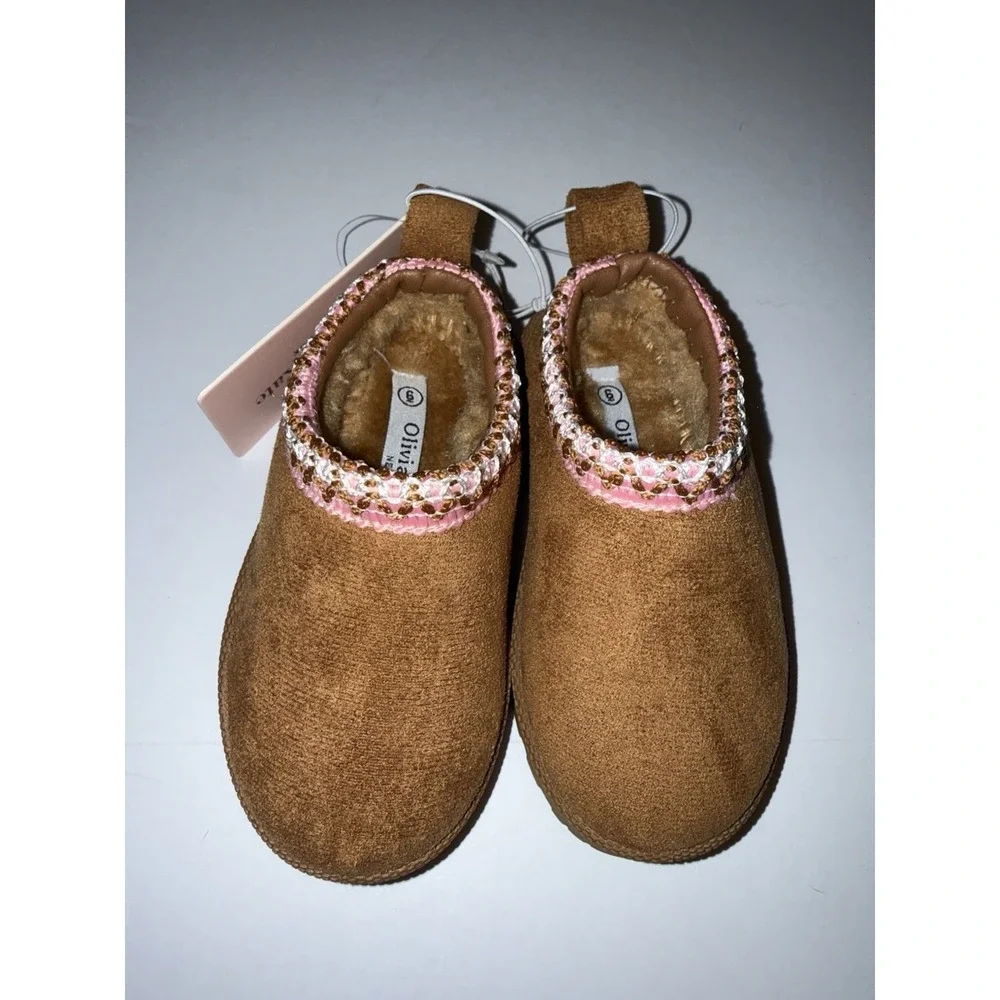 Olivia & Kate Girls Slippers Size 6 Brown Faux Fur Cozy Slip On NEW